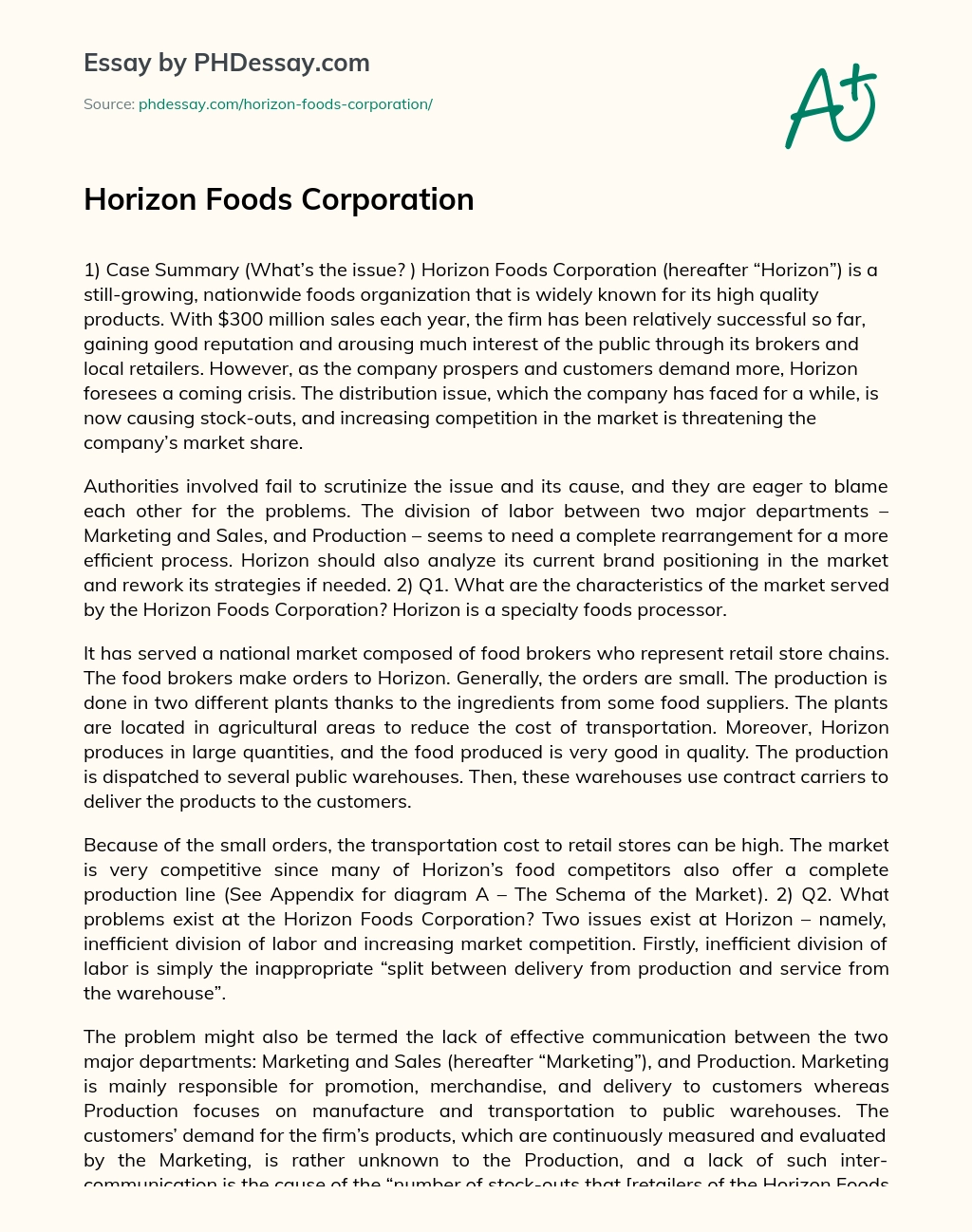 Horizon Foods Corporation essay