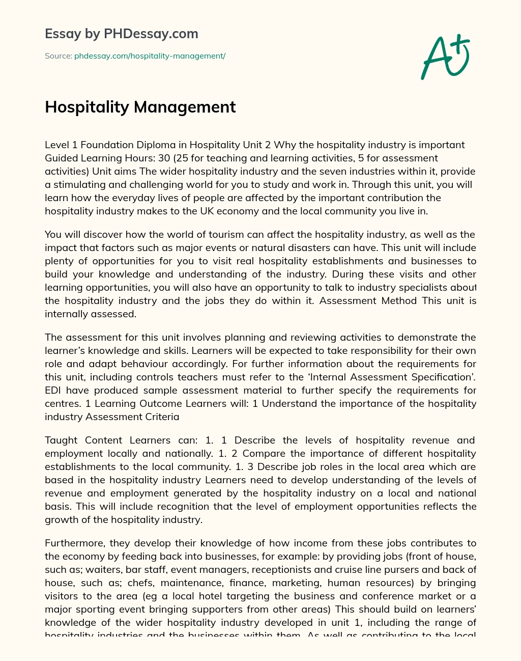 tourism and hospitality management essay