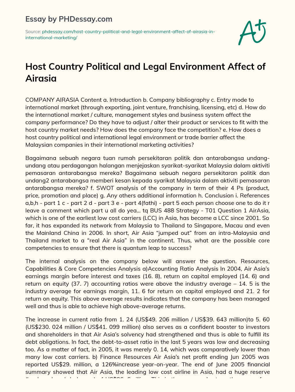 Host Country Political and Legal Environment Affect of Airasia essay