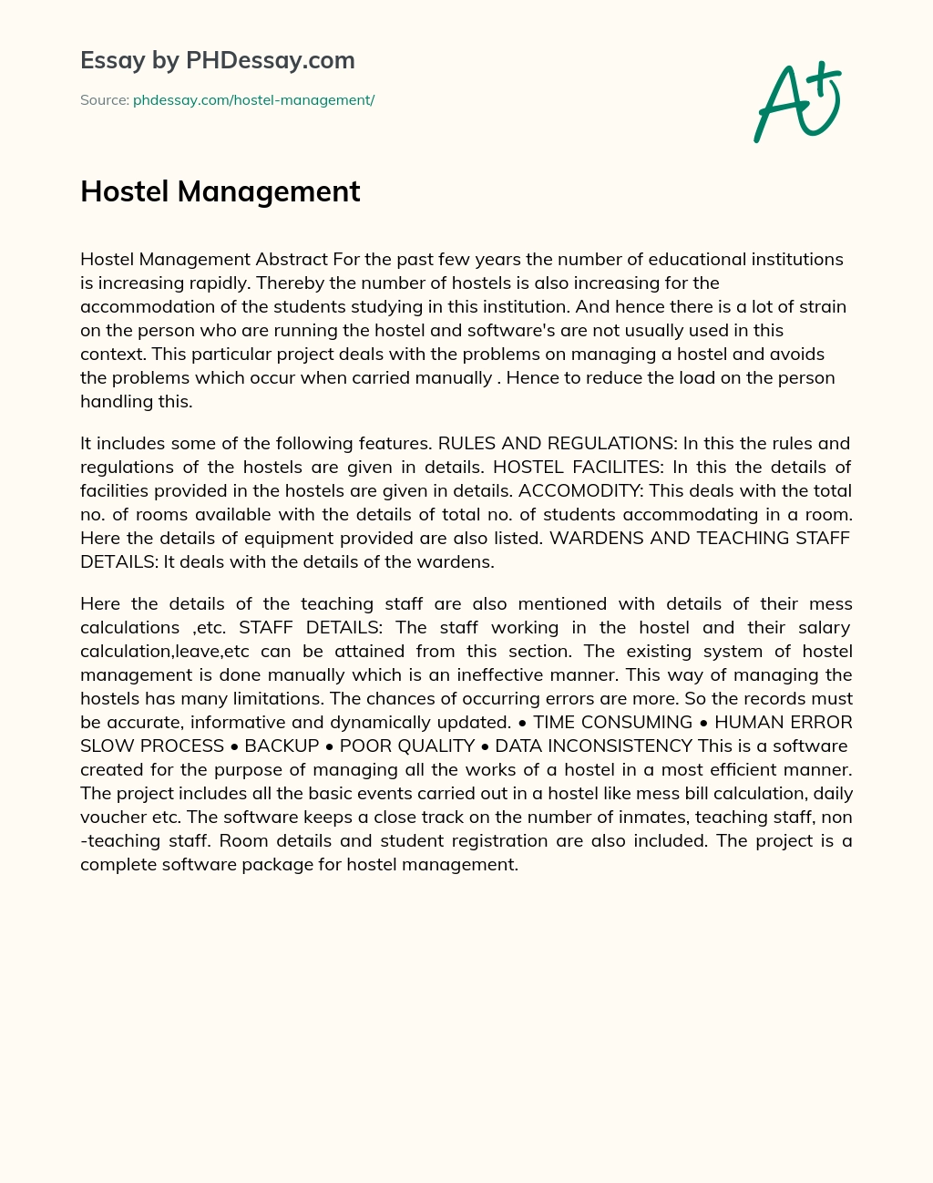 Hostel Management essay