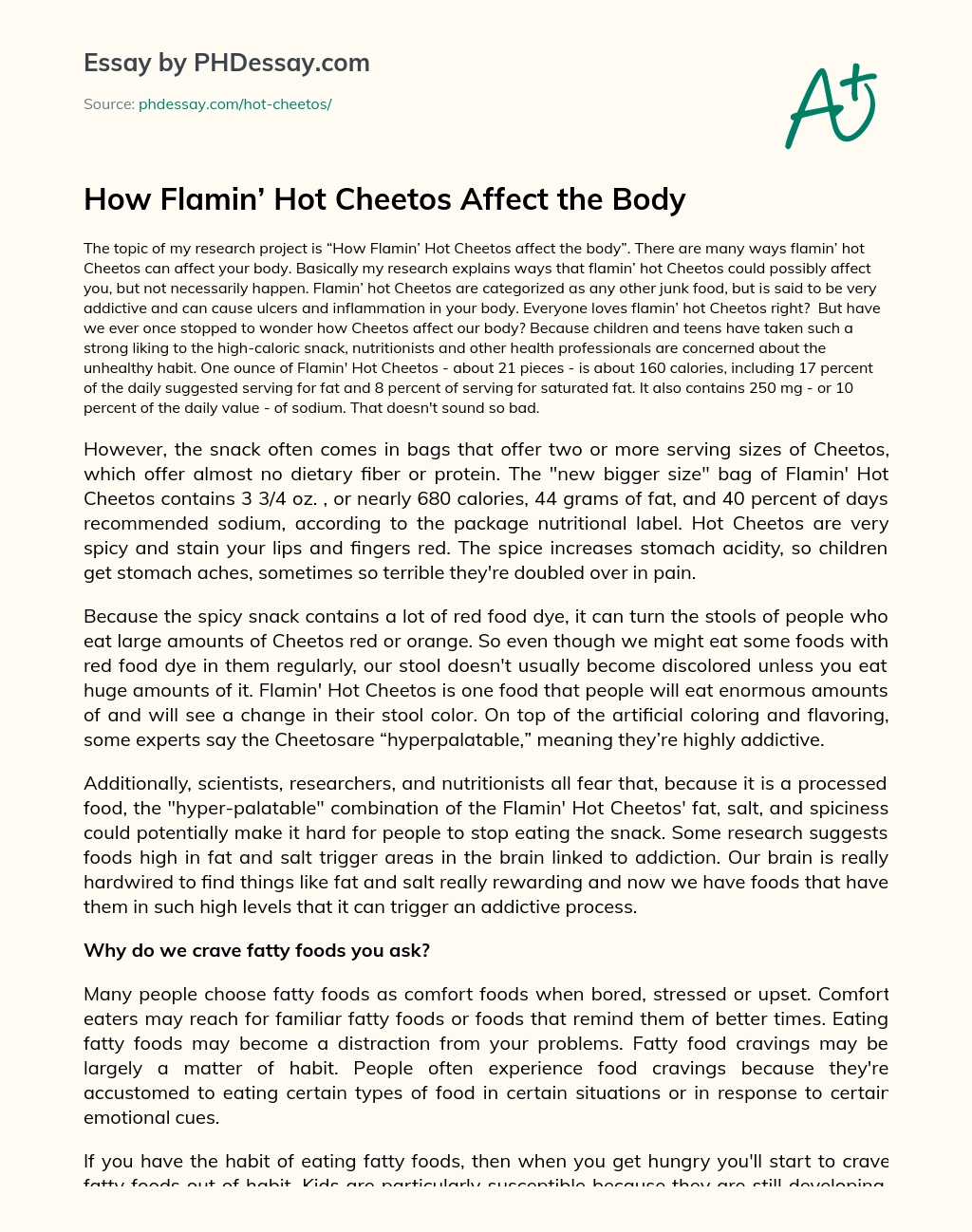 How Flamin’ Hot Cheetos Affect the Body essay