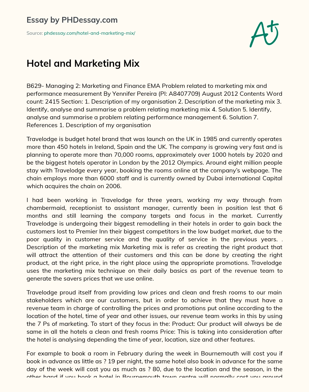 Hotel and Marketing Mix essay