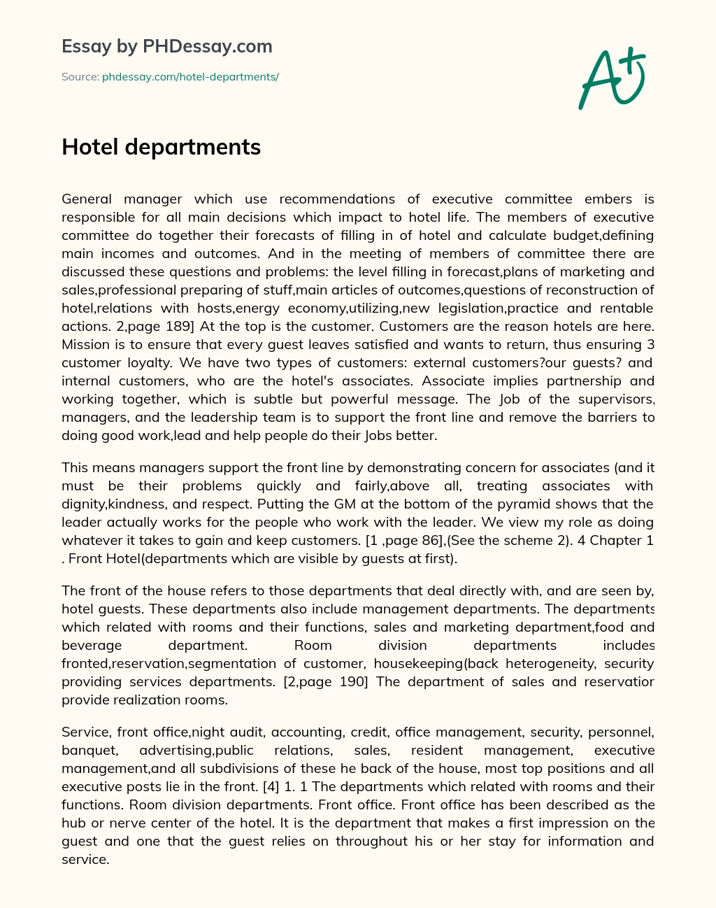 Hotel departments essay