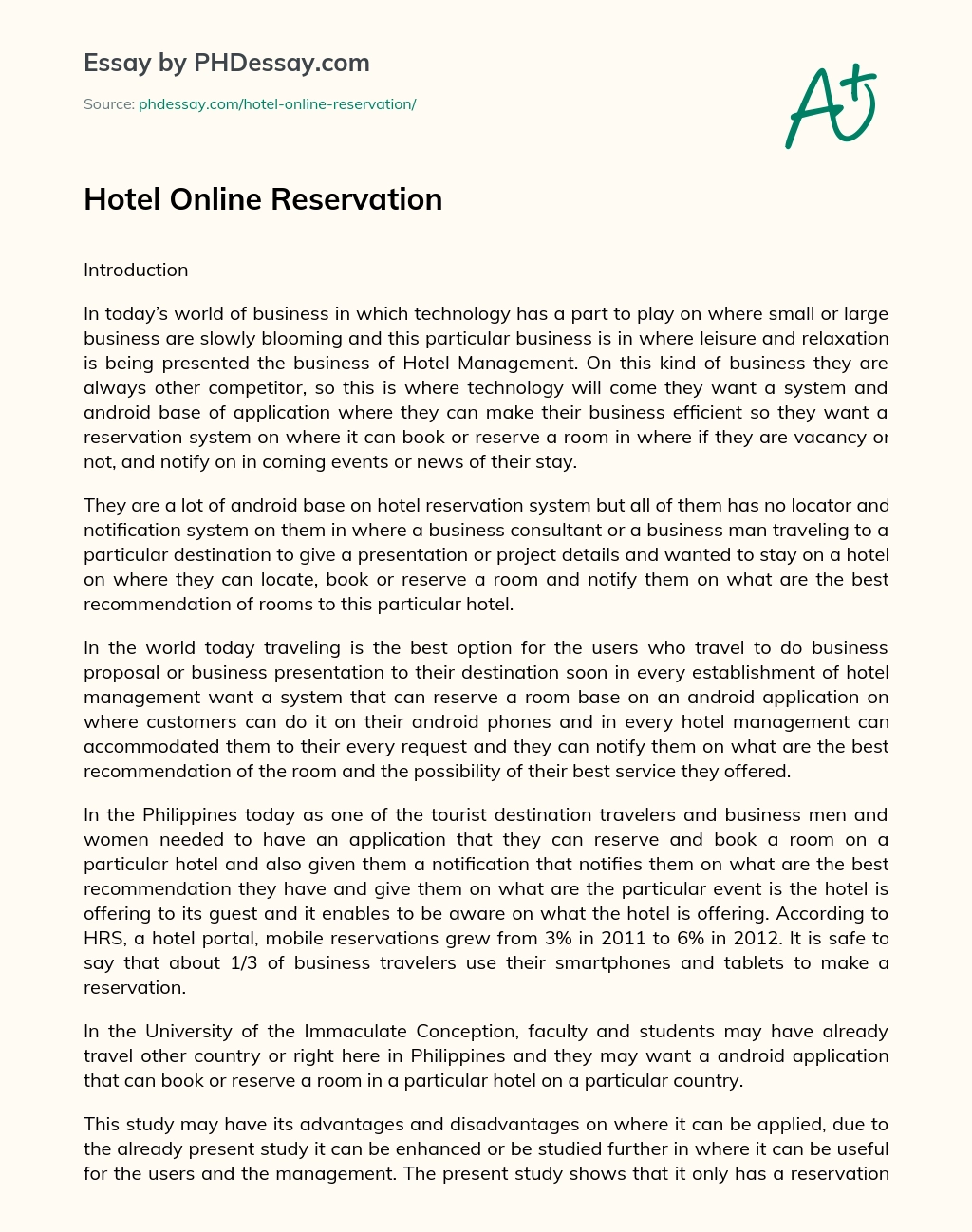 Hotel Online Reservation essay