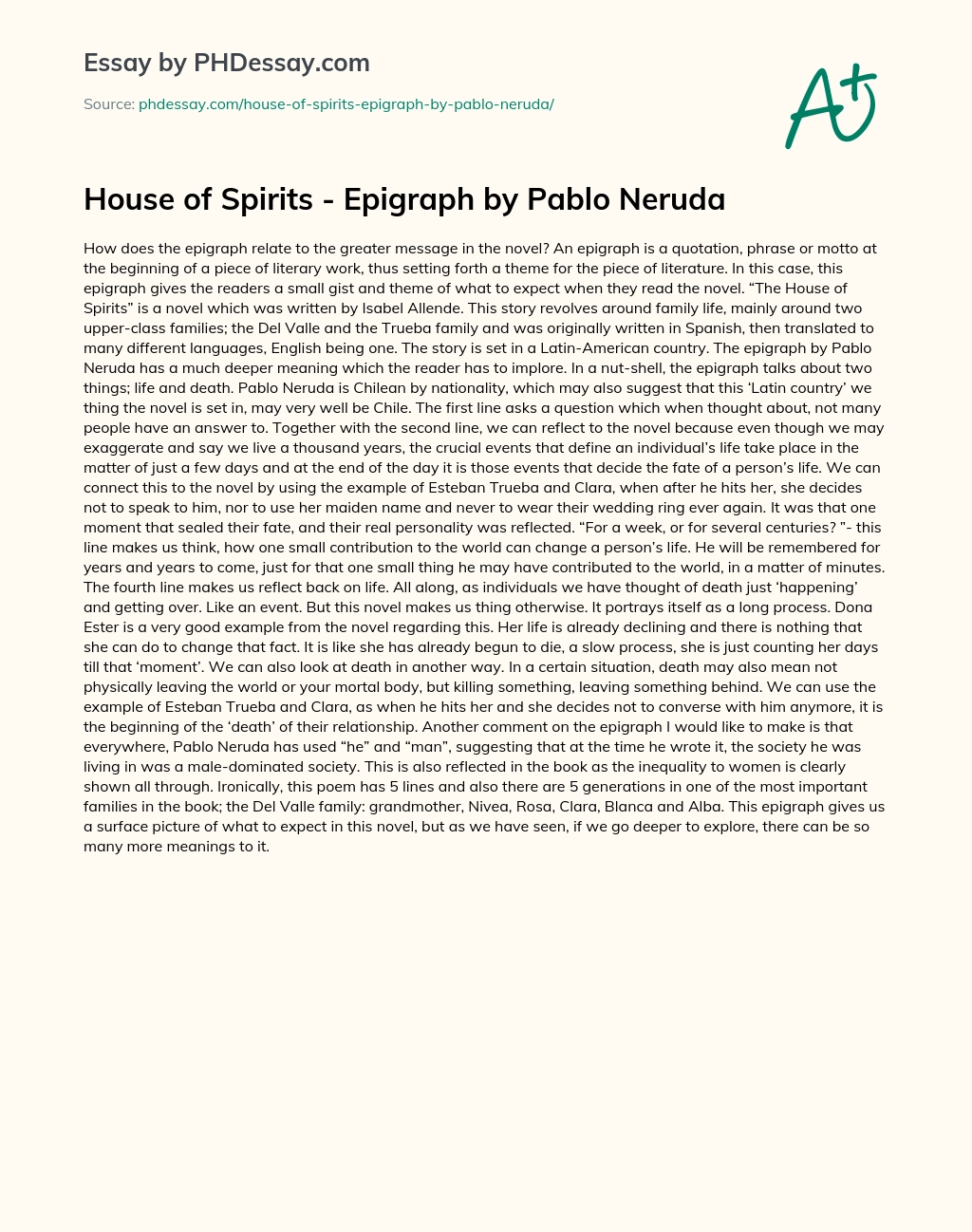 House of Spirits – Epigraph by Pablo Neruda essay