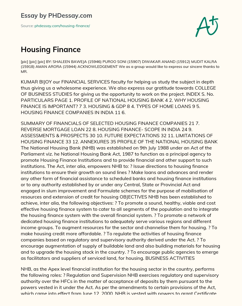 Housing Finance essay