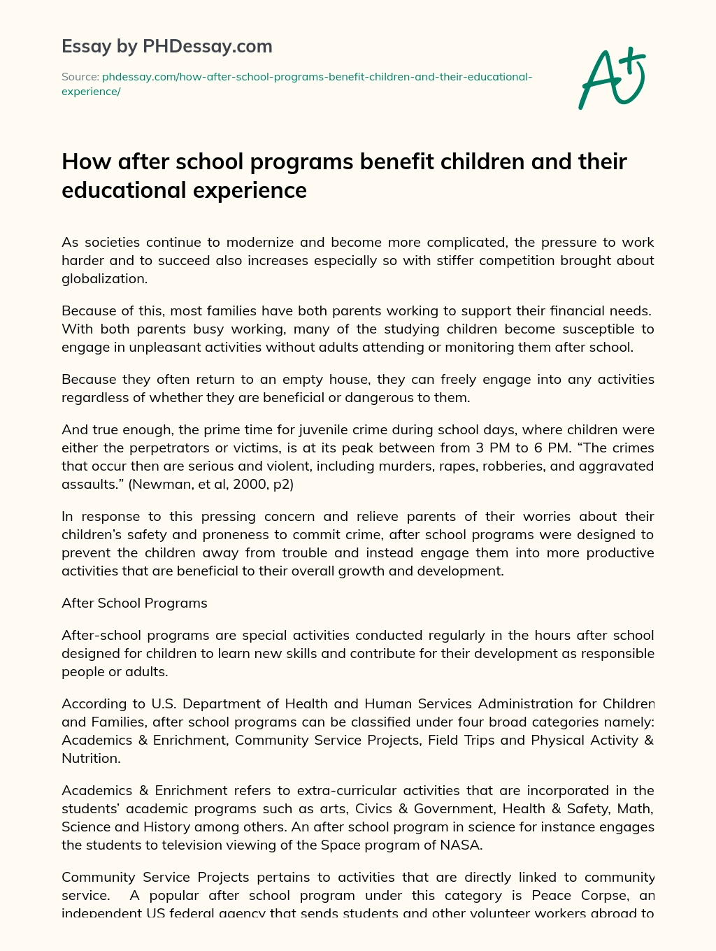 How after school programs benefit children and their educational experience essay