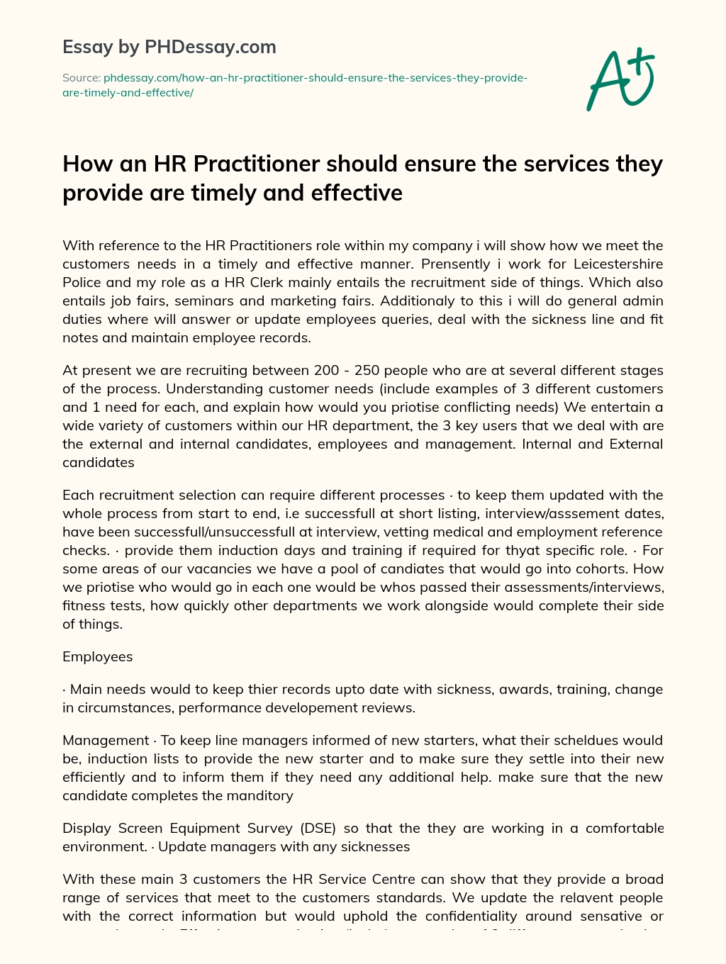 How an HR Practitioner should ensure the services they provide are timely and effective essay