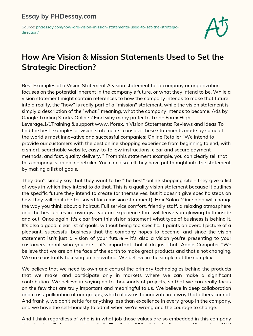 How Are Vision & Mission Statements Used to Set the Strategic Direction? essay