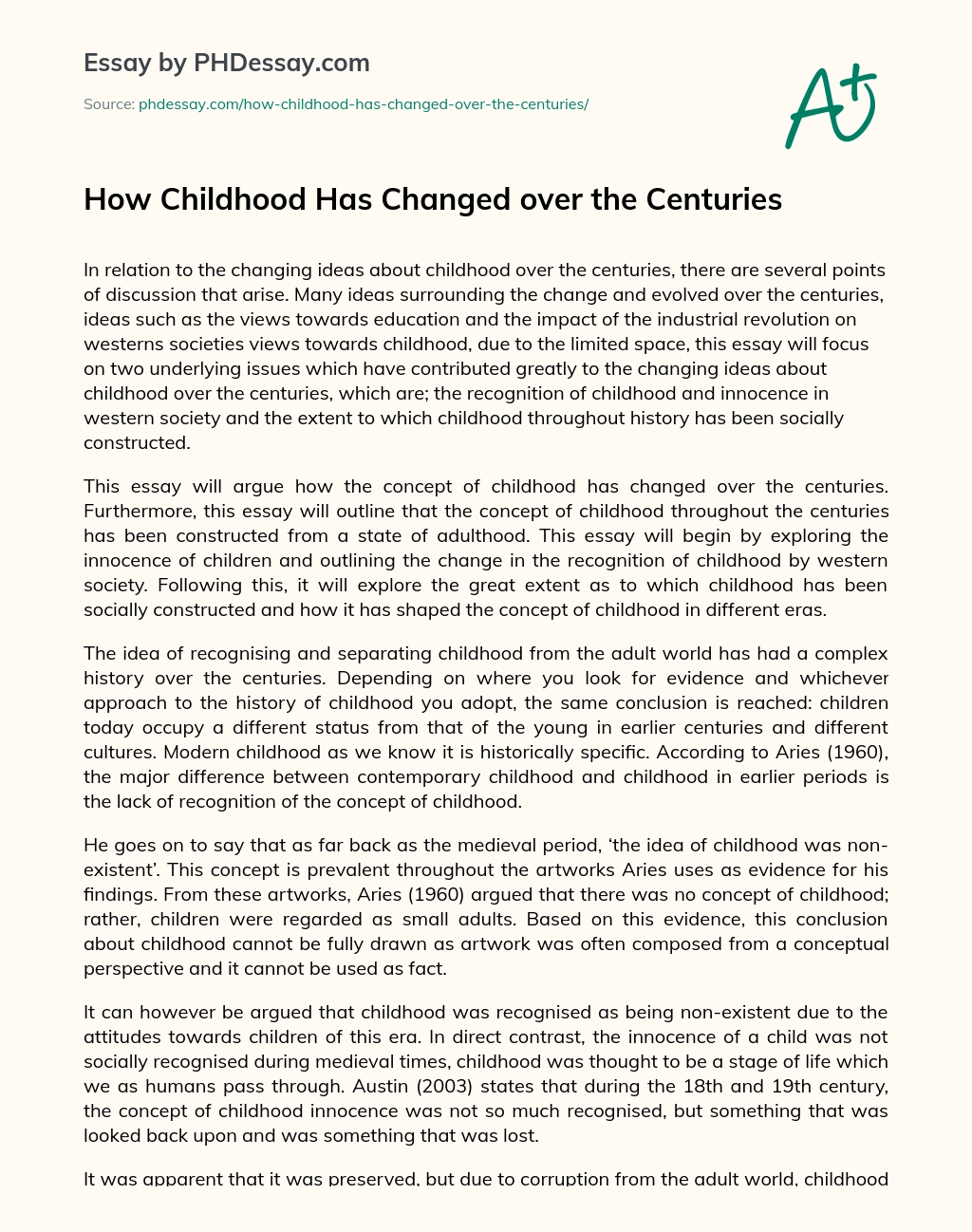 How Childhood Has Changed over the Centuries essay