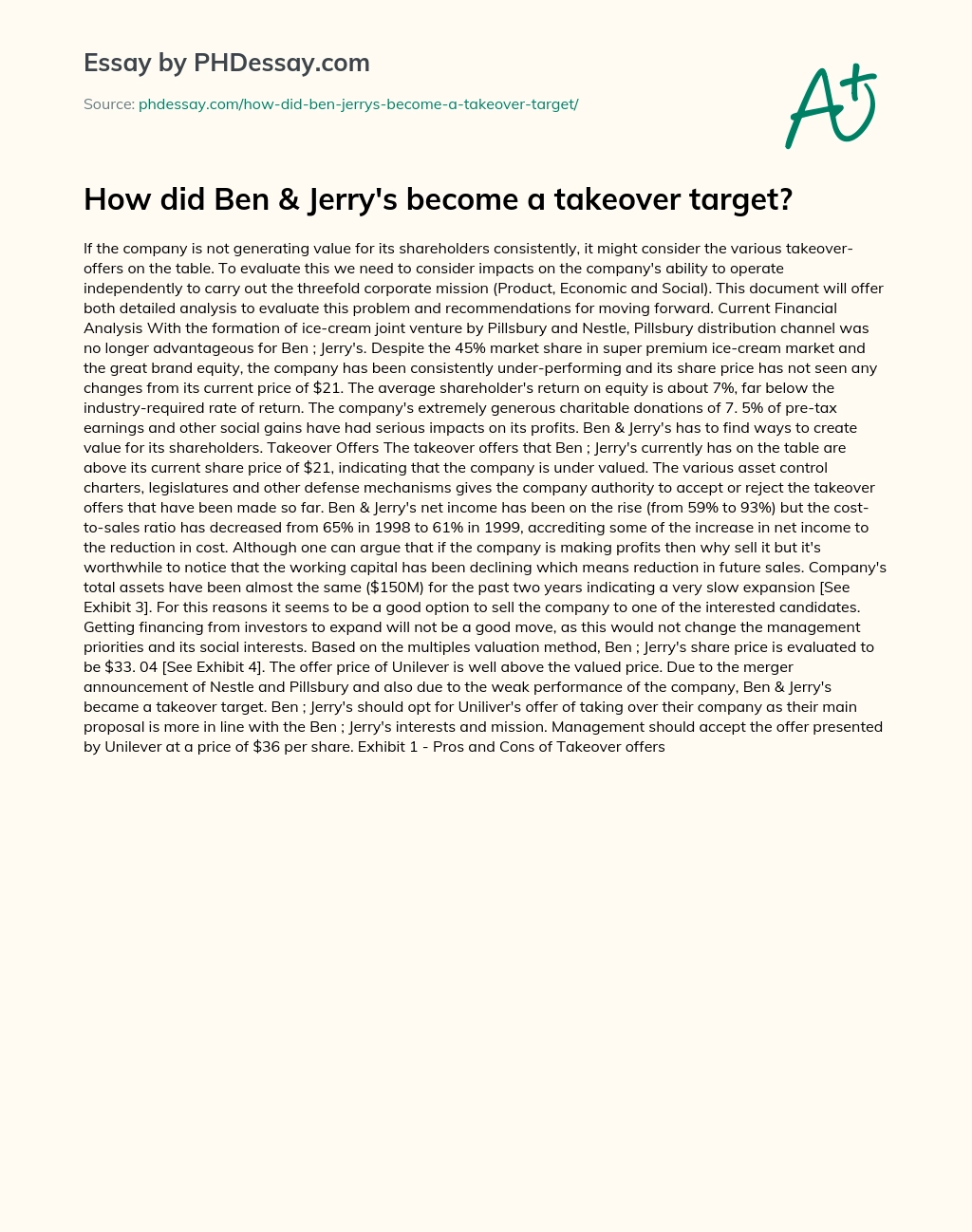 How did Ben & Jerry’s become a takeover target? essay