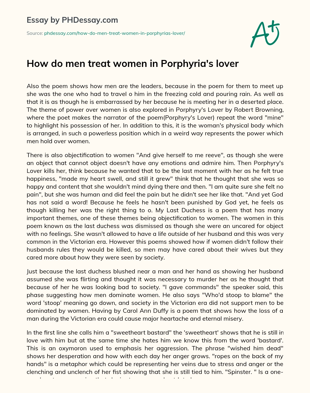 How do men treat women in Porphyria’s lover essay