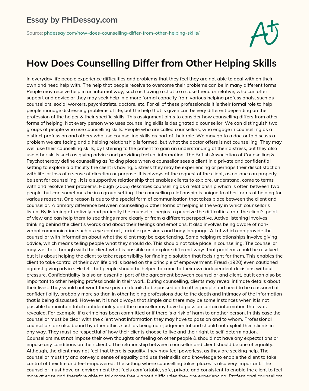 How Does Counselling Differ from Other Helping Skills essay