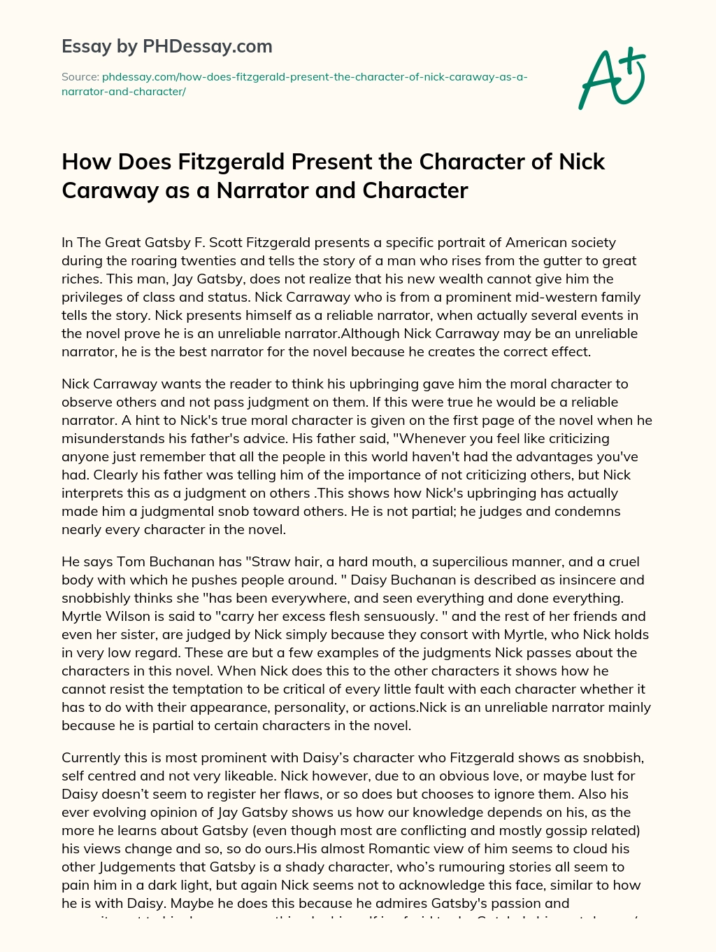 How Does Fitzgerald Present the Character of Nick Caraway as a Narrator and Character essay
