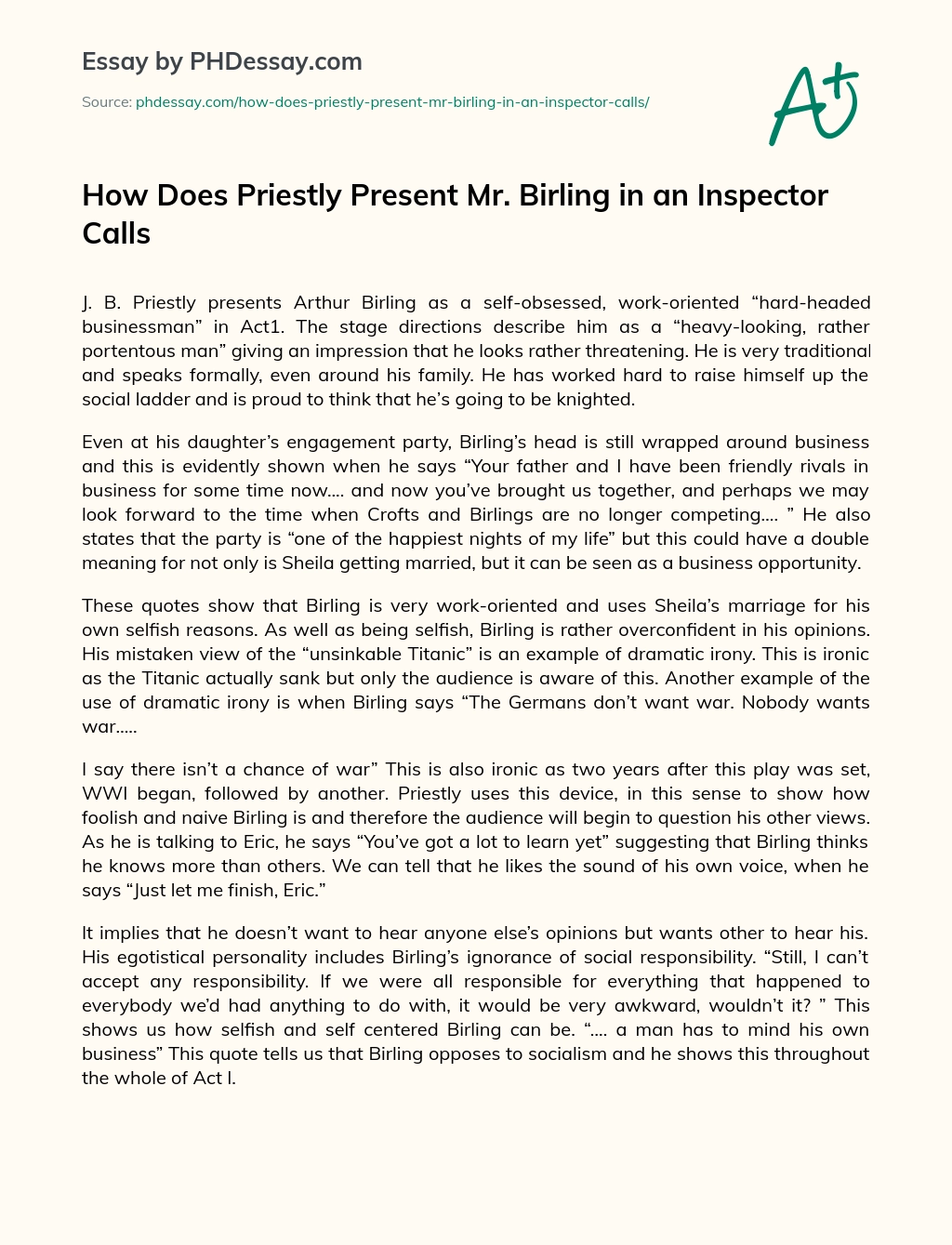 How Does Priestly Present Mr. Birling in an Inspector Calls essay