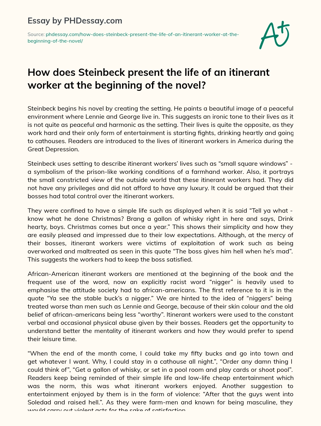 How does Steinbeck present the life of an itinerant worker at the beginning of the novel? essay