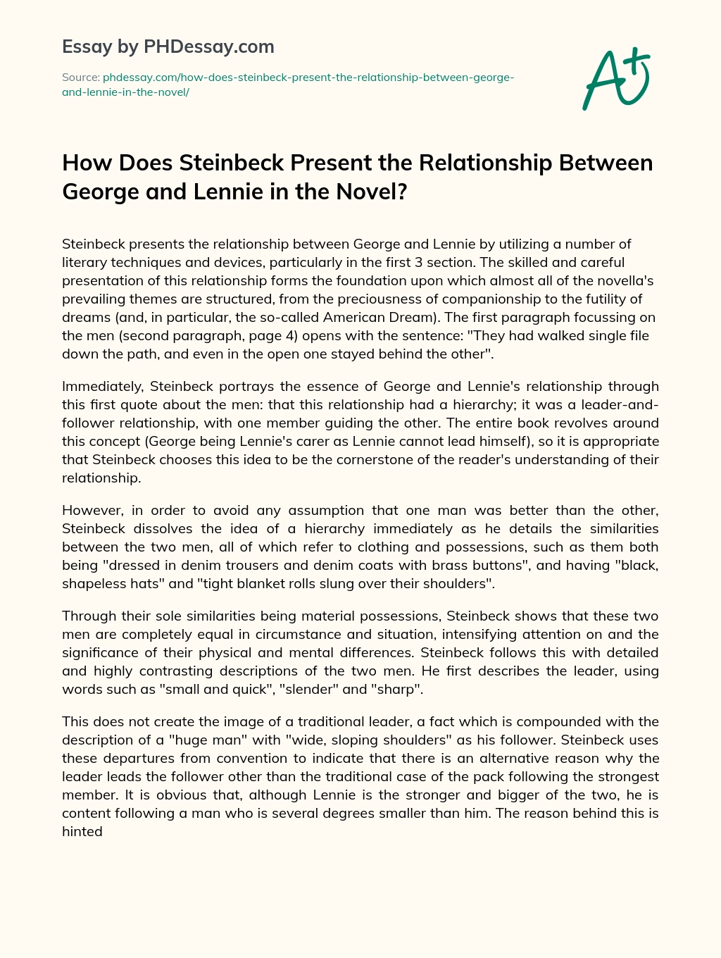 How Does Steinbeck Present the Relationship Between George and Lennie in the Novel? essay