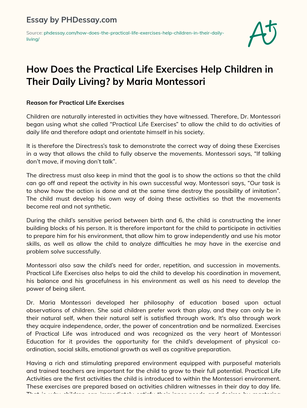 Montessori’s Practical Life Exercises for Children’s Development essay
