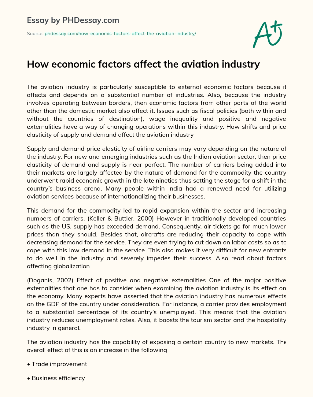 How economic factors affect the aviation industry essay