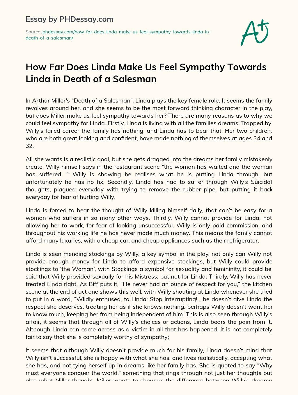 How Far Does Linda Make Us Feel Sympathy Towards Linda in Death of a Salesman essay
