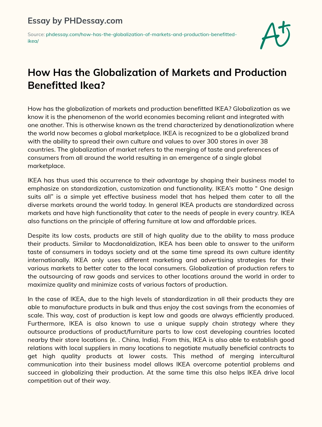 How Has the Globalization of Markets and Production Benefitted Ikea? essay