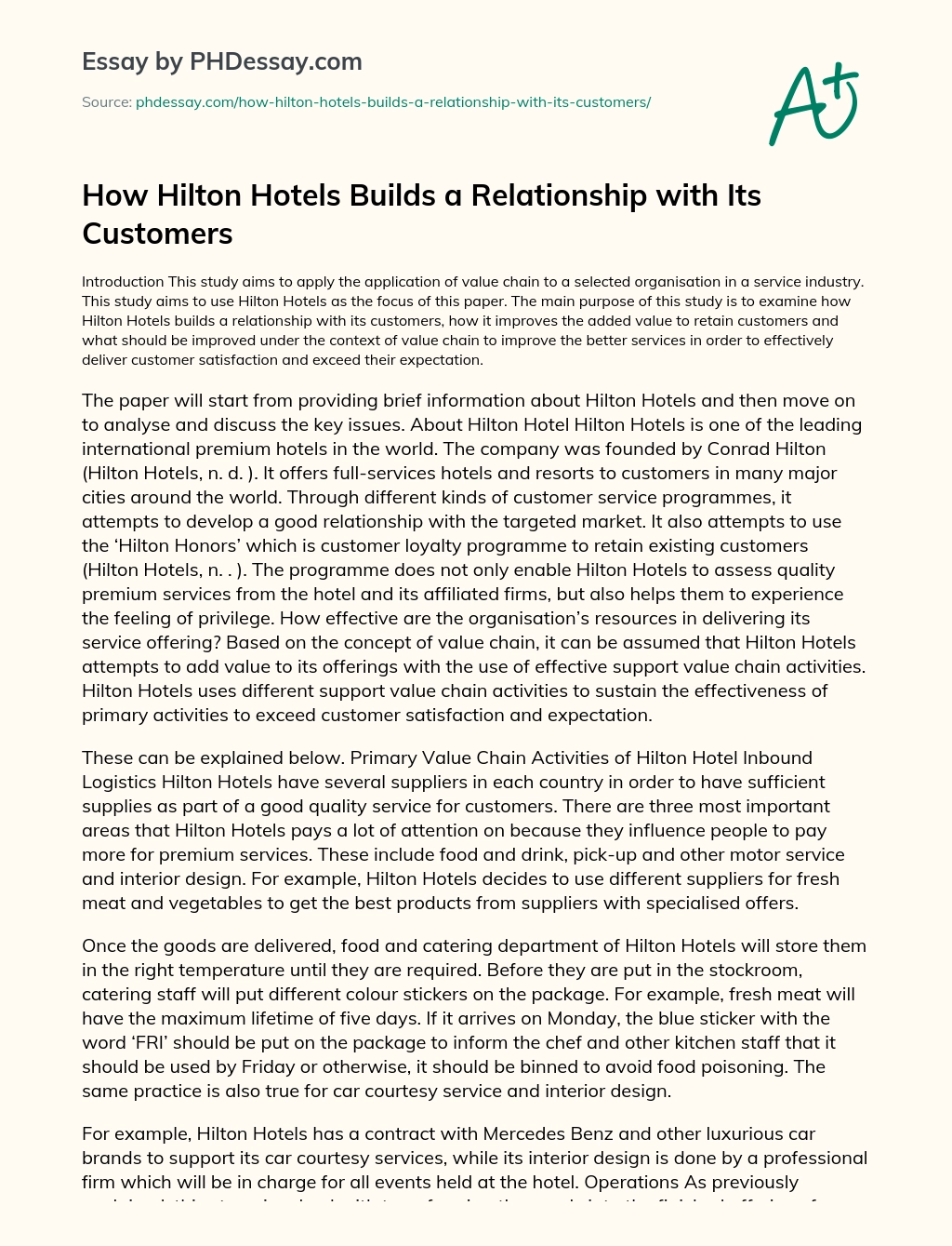 How Hilton Hotels Builds a Relationship with Its Customers essay