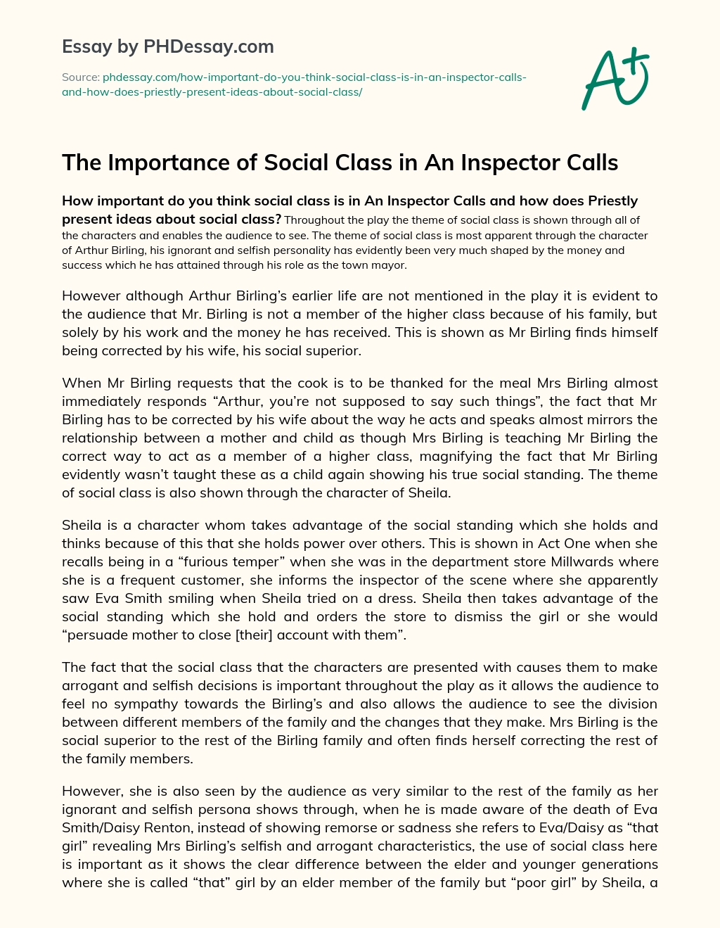 The Importance of Social Class in An Inspector Calls essay