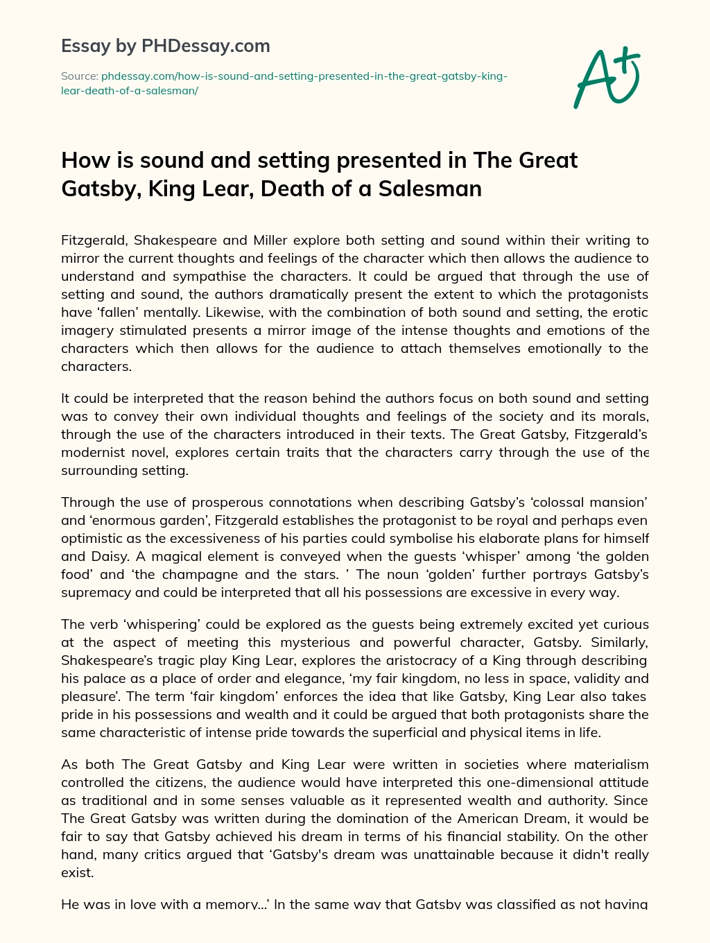 How is sound and setting presented in The Great Gatsby, King Lear, Death of a Salesman essay