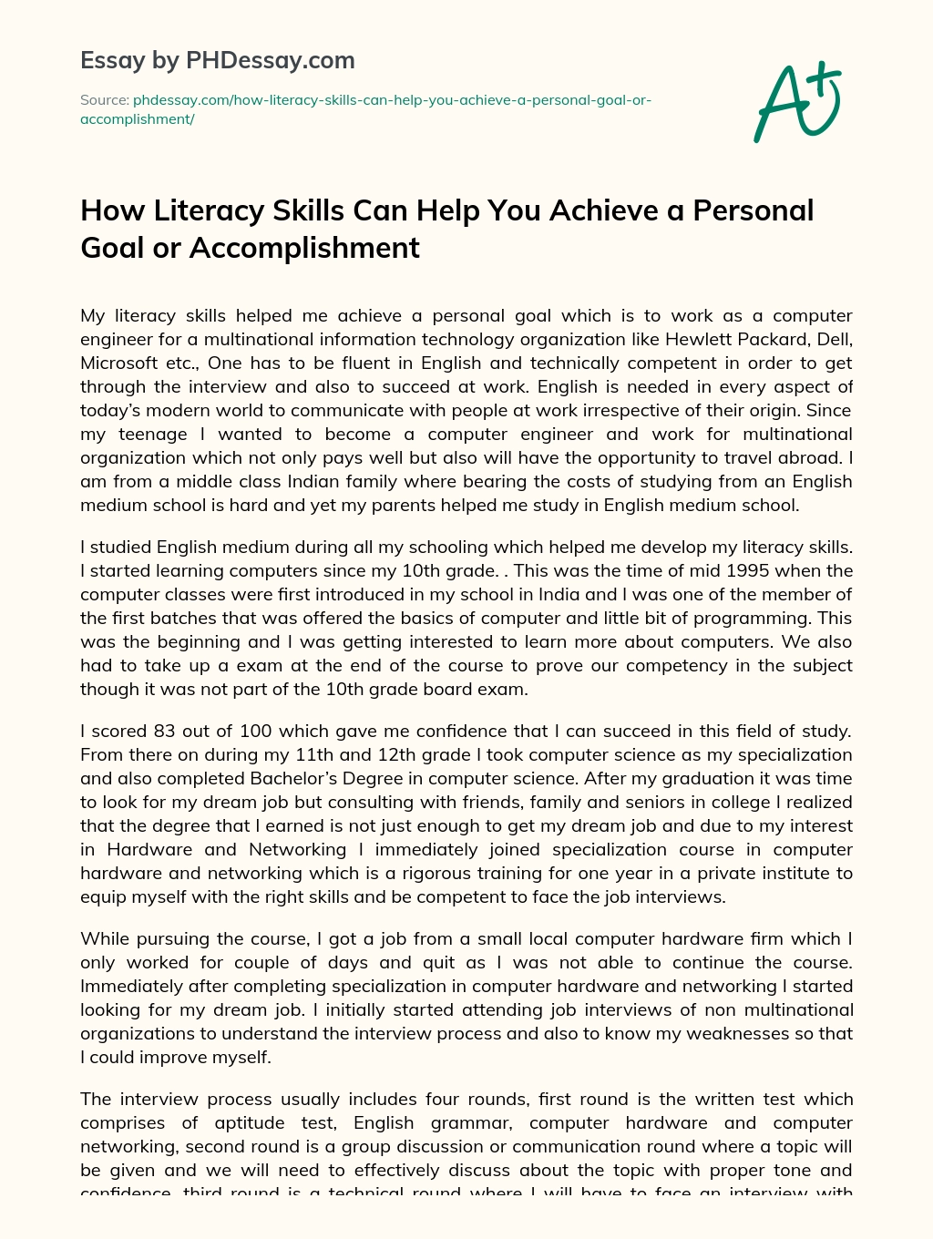 How Literacy Skills Can Help You Achieve a Personal Goal or Accomplishment essay