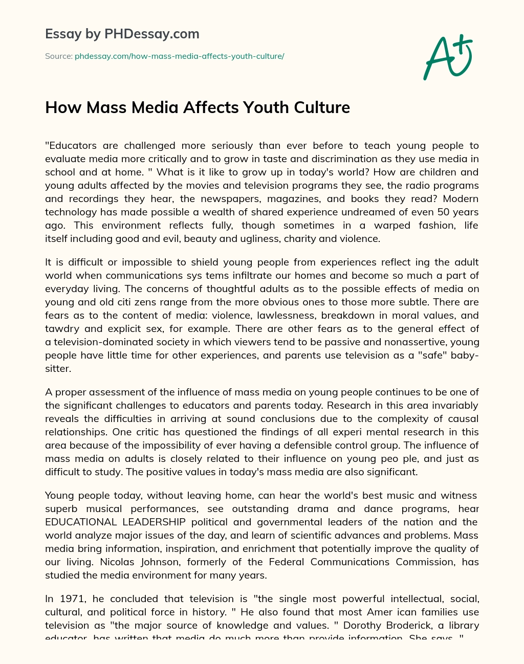 How Mass Media Affects Youth Culture essay