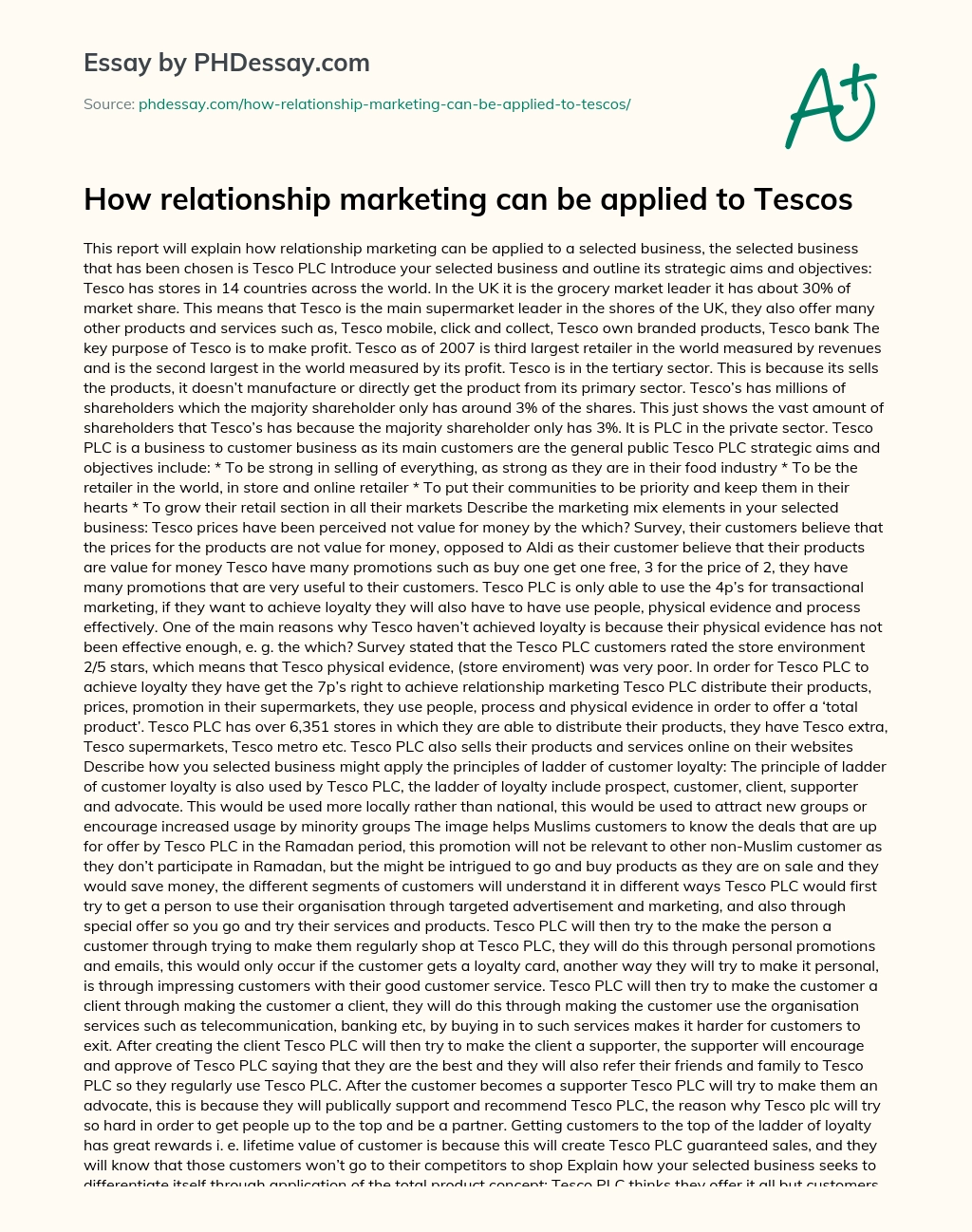 How relationship marketing can be applied to Tescos essay