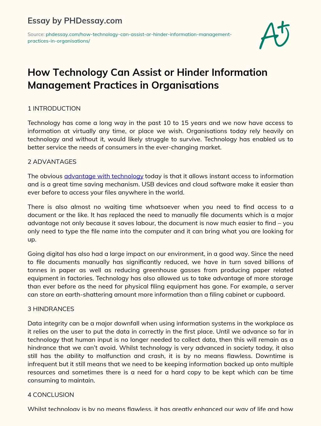 How Technology Can Assist or Hinder Information Management Practices in Organisations essay