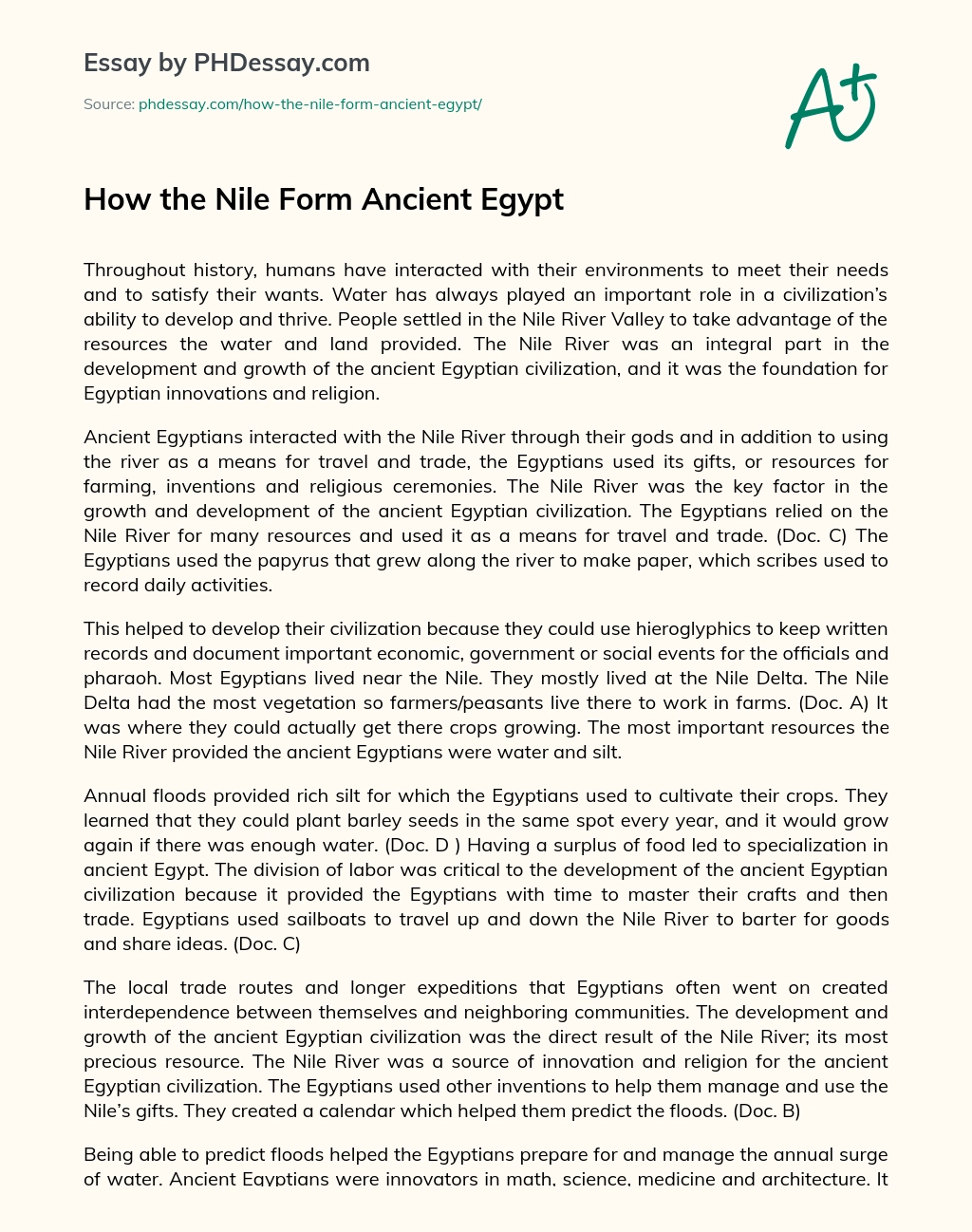 How the Nile Form Ancient Egypt essay