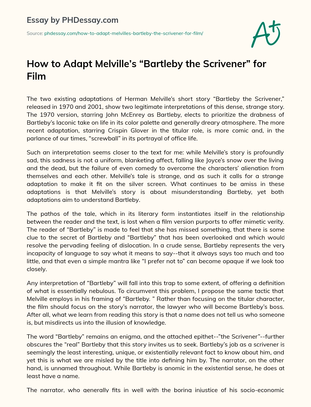 How to Adapt Melville’s “Bartleby the Scrivener” for Film essay