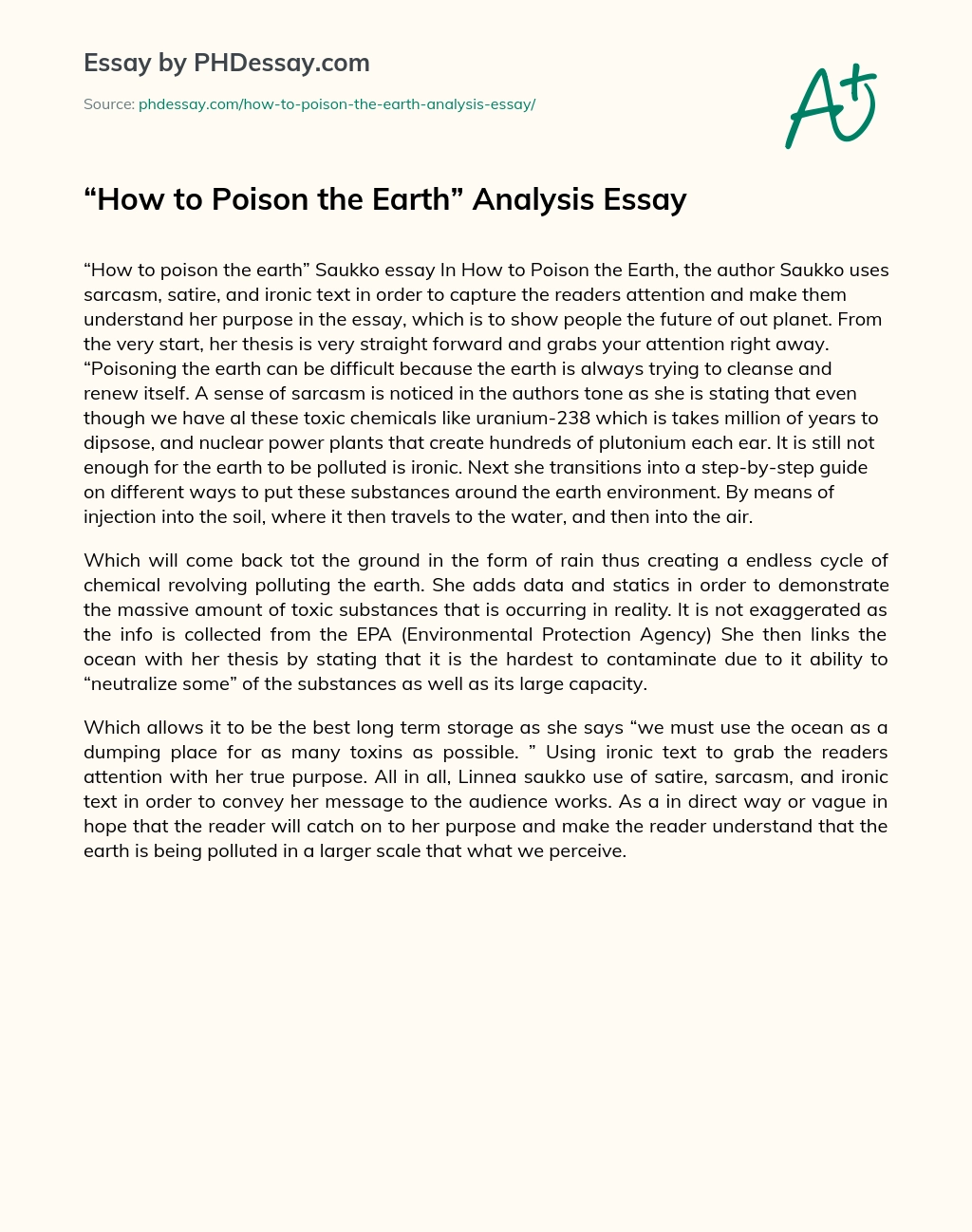 How to Poison the Earth Analysis Essay essay