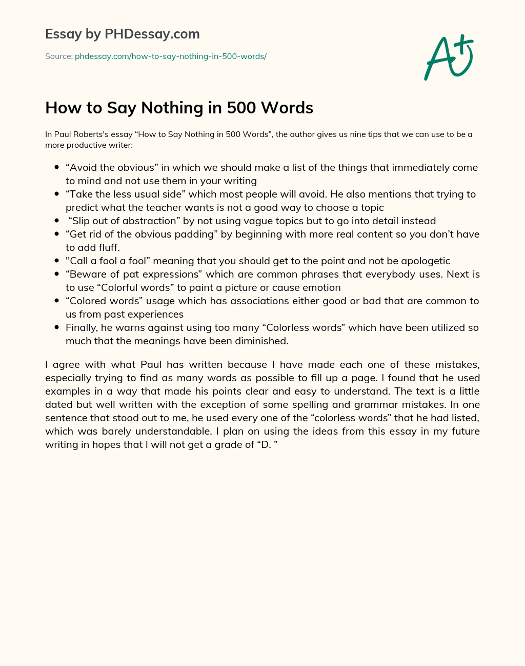 How to Say Nothing in 21 Words - PHDessay.com Throughout 500 Word Essay Template