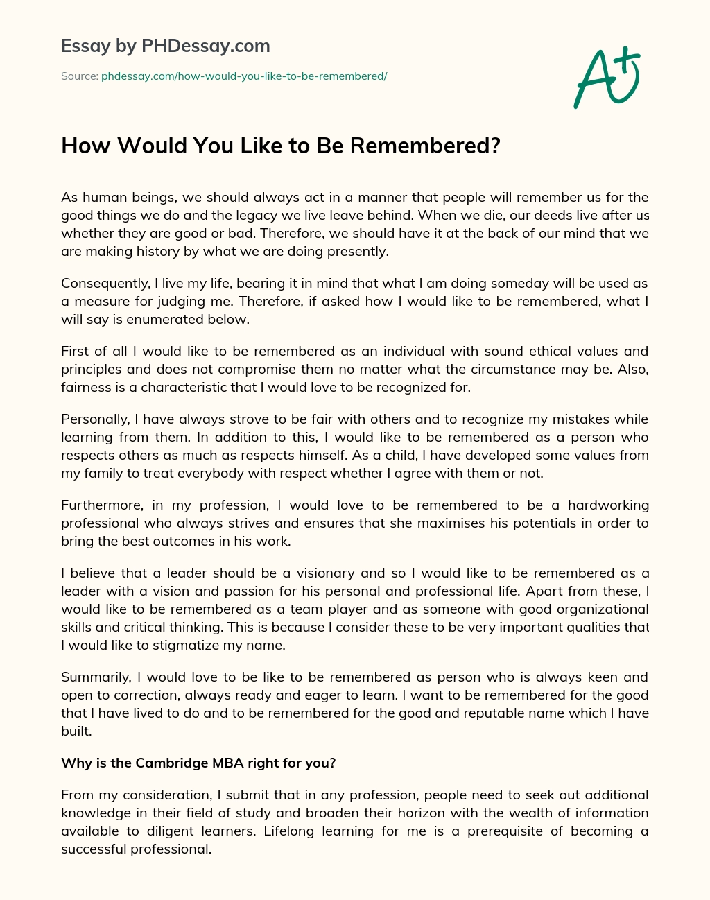 How Would You Like to Be Remembered? essay