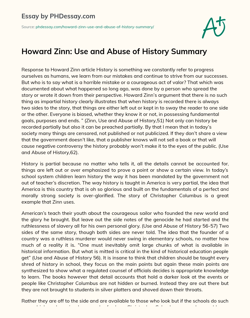 Howard Zinn: Use and Abuse of History Summary essay