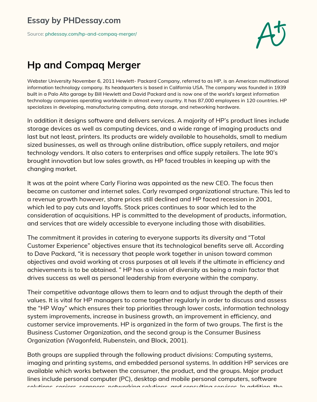 Hp and Compaq Merger essay