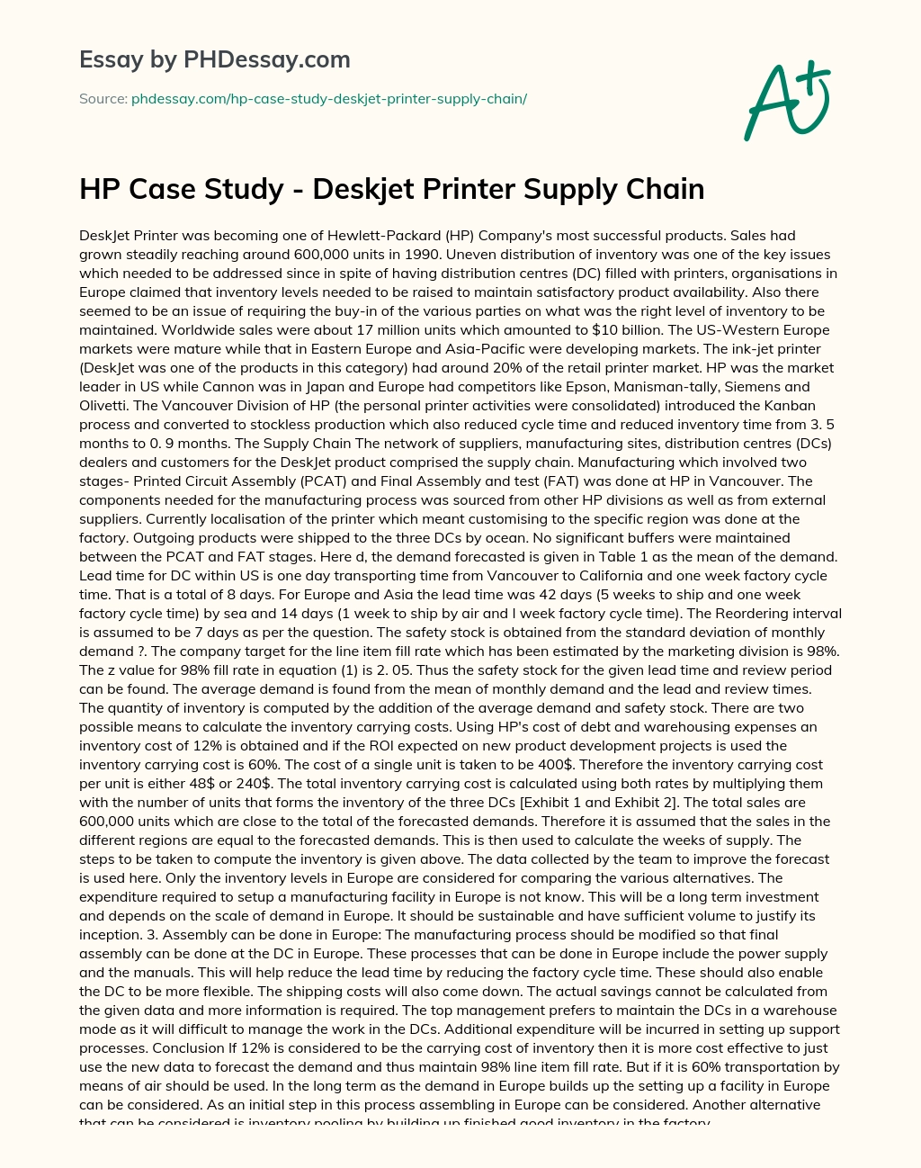 HP Case Study – Deskjet Printer Supply Chain essay