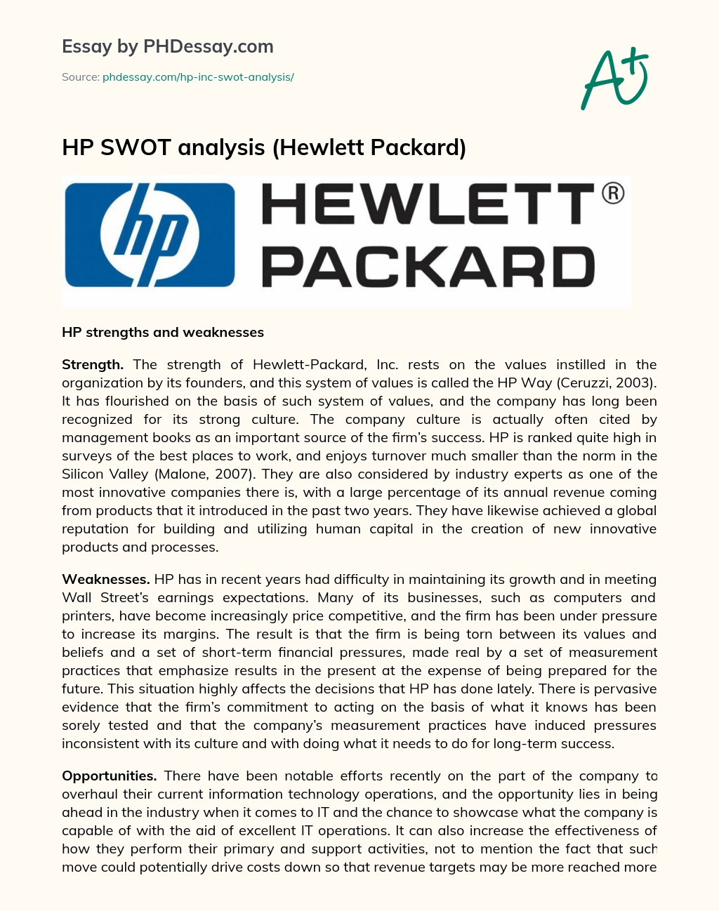 HP SWOT Analysis (Hewlett Packard) essay