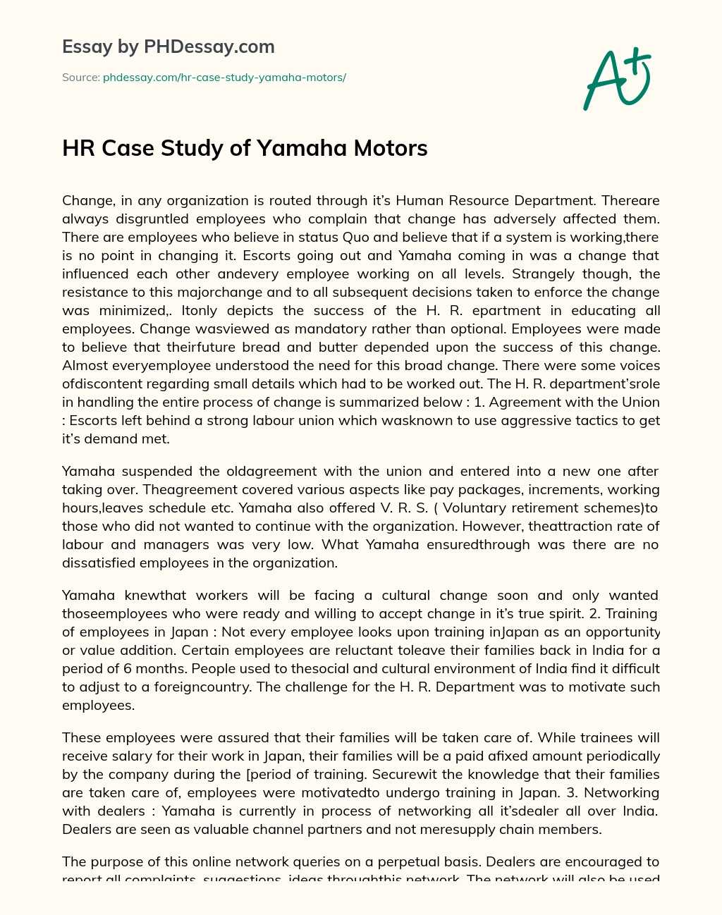 Case Study of Yamaha Motors essay