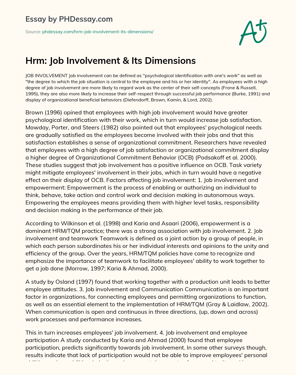 Hrm: Job Involvement & Its Dimensions essay