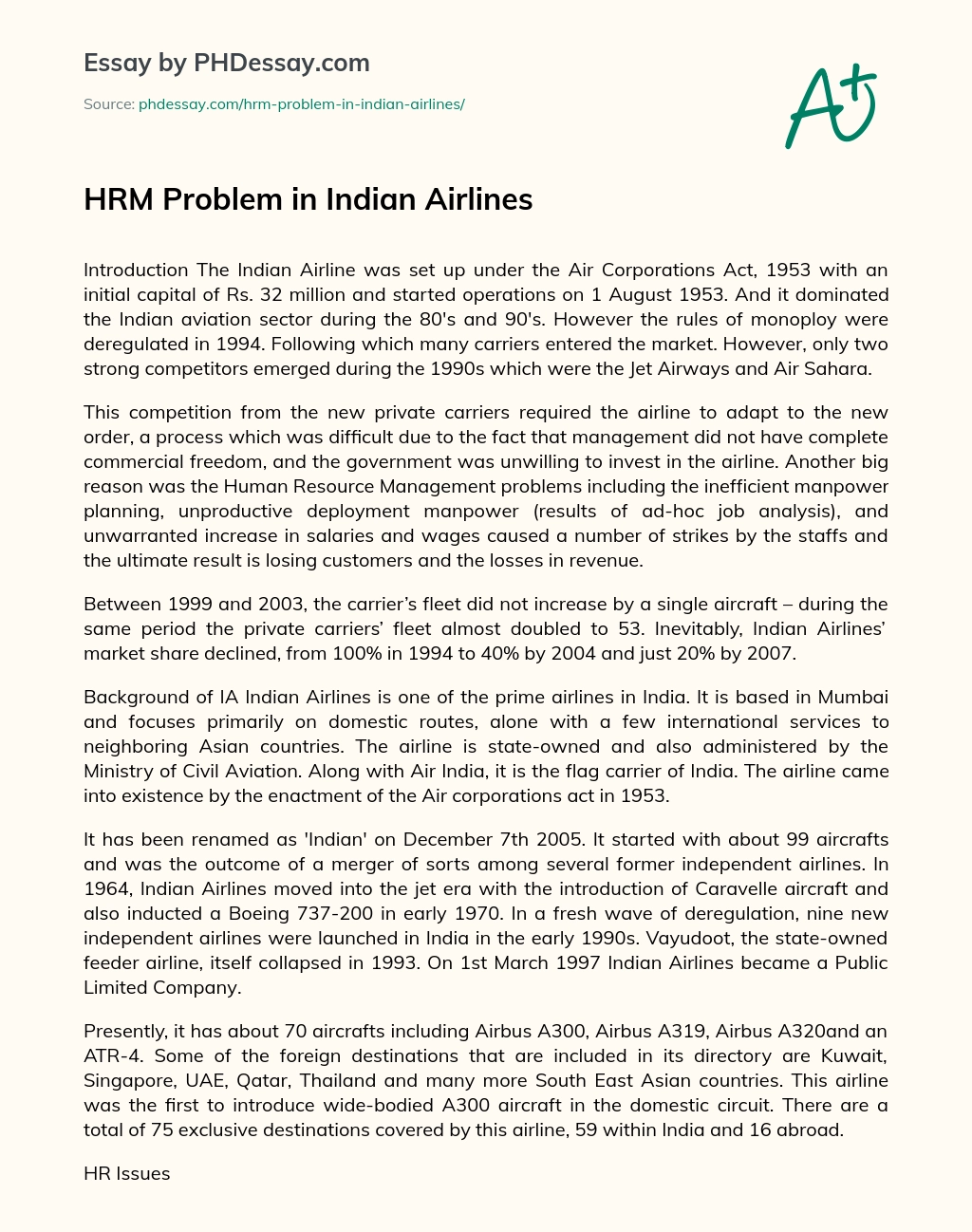 HRM Problem in Indian Airlines essay