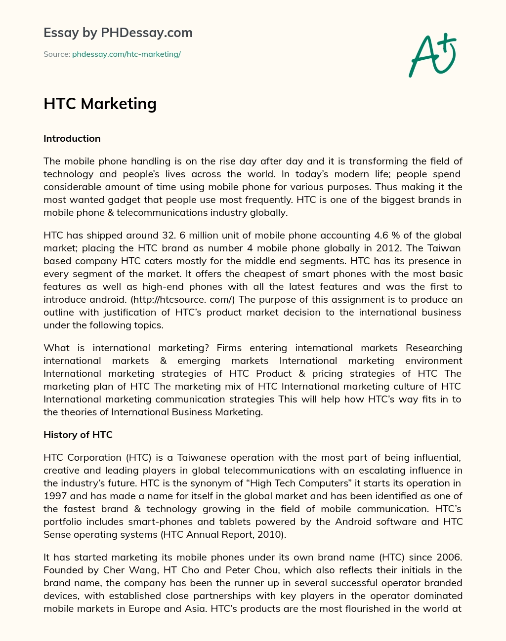 HTC Marketing essay