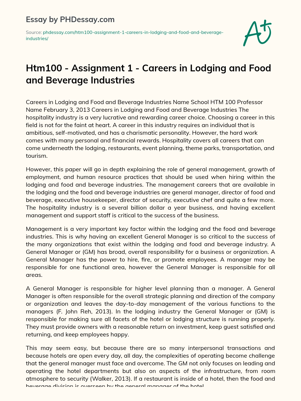 Htm100 – Assignment 1 – Careers in Lodging and Food and Beverage Industries essay