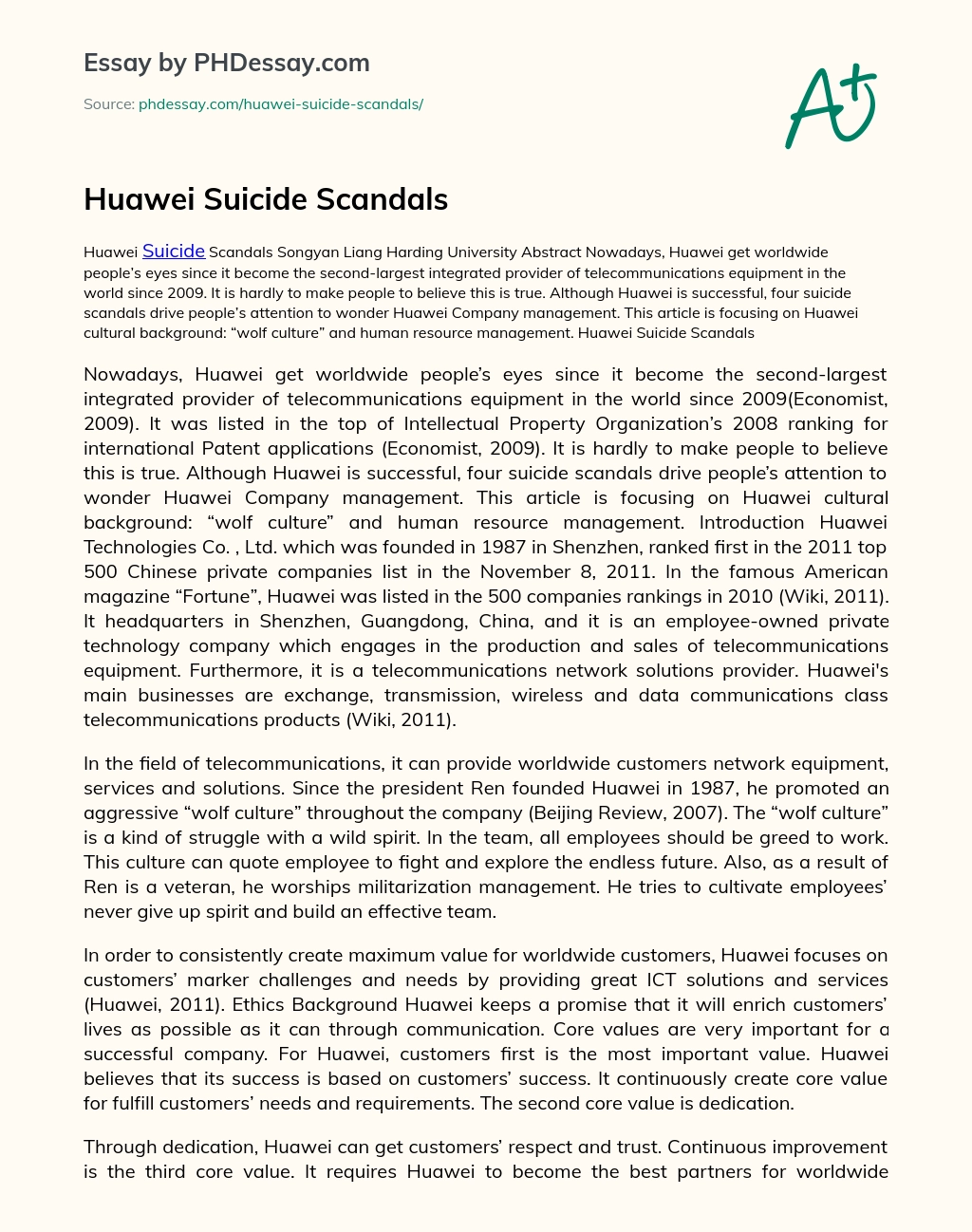 Huawei Suicide Scandals essay