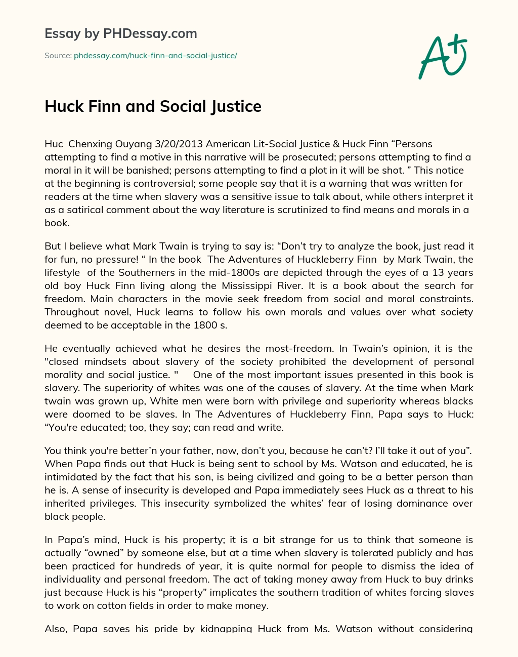 Huck Finn and Social Justice essay