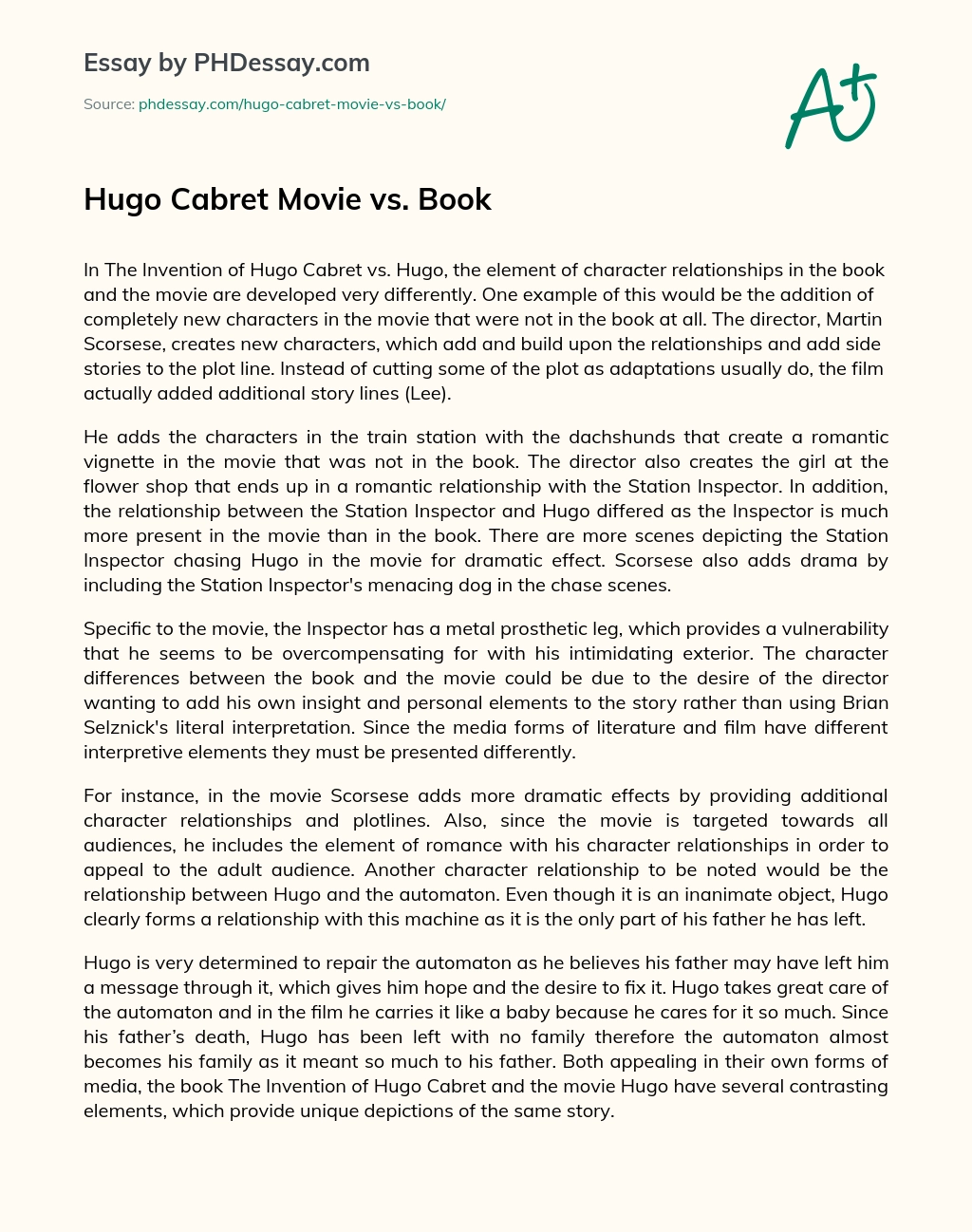Hugo Cabret Movie vs. Book essay