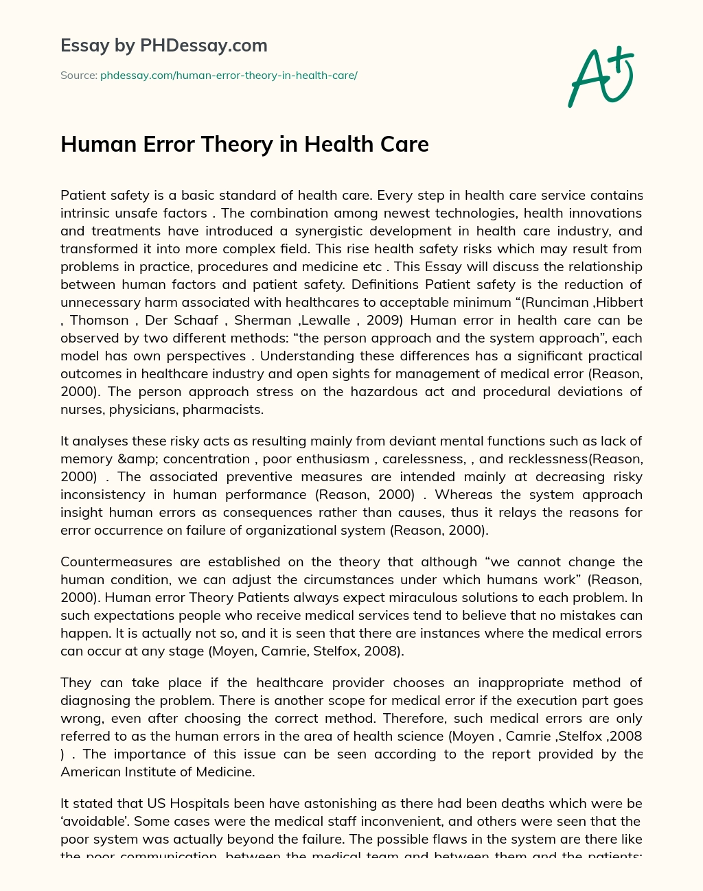 Human Error Theory in Health Care essay